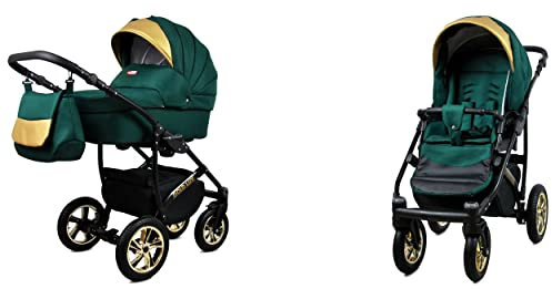 BabyLux Gold Lux 2-in-1 Baby Kinderwagen Tief und Kinderwagen mit Zubehör Verstellbar und faltbar Aluminium Konstruktion Wasserdicht Nicht abnehmbare Räder Bottle Green Black Frame