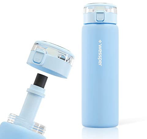 Wessper Gourde en verre 680 ml, avec filtre à eau, sans BPA, anti-fuite, avec filtre à charbon actif, bouteille d'eau avec bouchon à vis pour la gym, le fitness, l'école, le bureau, bleu