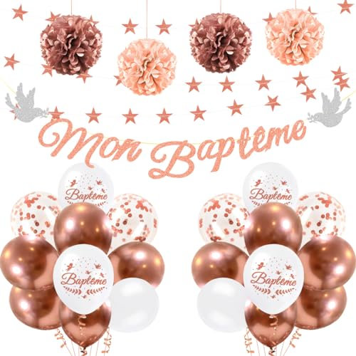 iZoeL Decoration Bapteme Fille Rose Gold Decoration Mon Baptême Ballon Confettis Bapteme Décoration Baby Shower Guirlande Etoile 4 m Pompom Papier de Soie Decoration Communion Pink