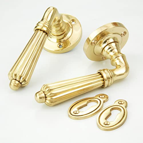 UNDERGROUND PARTS Jones & Grey Regency Reeded Lever Door Handles & Oval Escutcheons Polished Brass