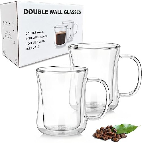 Nestling 2x220ml Double Walled Coffee Glasses Mugs with Handle, Cappuccino Latte Macchiato Cups for Tea Coffee Milk Juice Ice Cream, Dishwasher Safe, Heat Resistant Glass Cups
