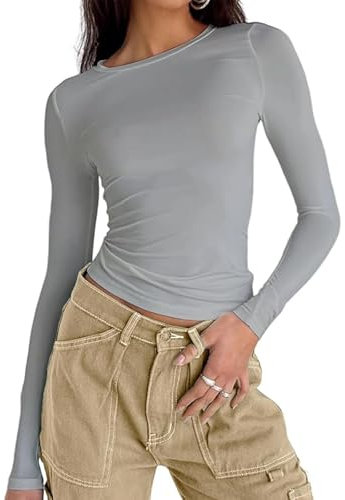 Tshirt Damen Top Rundhals Slim Fit Langarmshirt Y2K Oberteile Einfarbig Basic Crop Tops Influencer Tee Shirts Casual Teenager Streetwear(M,Hellgrau)