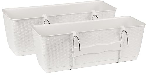 Tymar Fioriere per Balcone, Ringhiera, Set di 2, Aspetto Rattan, Incl. Sistema di Irrigazione ((2 Pezzi) Bianco; 50 cm)