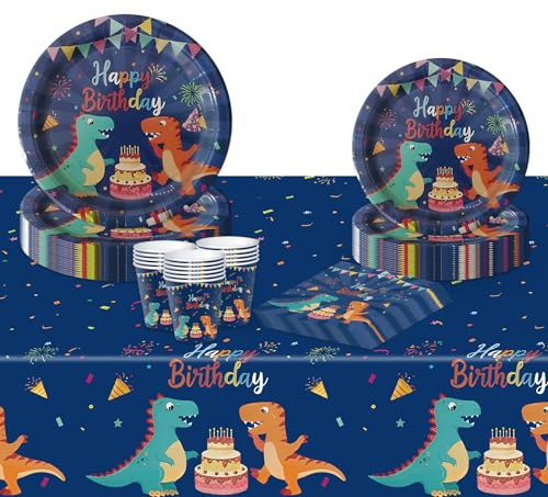 Happy Birthday Party Tableware Set, Dinosaurs Disposable Paper Party Napkins Plates Cups Tablecloth for Kid Boy Girl Birthday Party Dinosaur Theme Party Decorations 16 Guests
