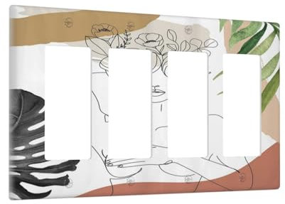 Mid Century Abstrakte Frauen Lady Boho Palmblatt 4 Gang Wippe Decora Lichtschalterabdeckung Dekorative Einzigartige Steckdosenabdeckungen Wandplatte Elektrische Frontplatte Schaltplatte GFCI für