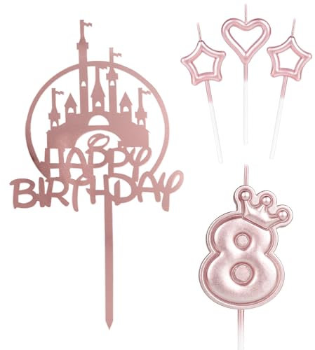 Happy 8th Birthday Candles Cake Toppers, Pink Castle Cake Topper, Crown Number 8 Candle for Cake, Pink Cake Candle Cake Cupcake Topper for Girls Baby Birthday Party 8th Wedding Anniversary Decorations