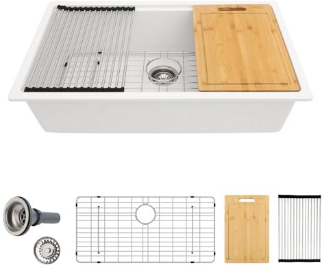 30 weiße Küchenspüle aus Granitverbundwerkstoff - Sarlai 76,2 x 48,3 cm Küchenspüle Unterbau weißer Granitverbundwerkstoff Quarz Einzelbecken unter Thekenleiste Arbeitsplatz Küchenspüle Waschbecken