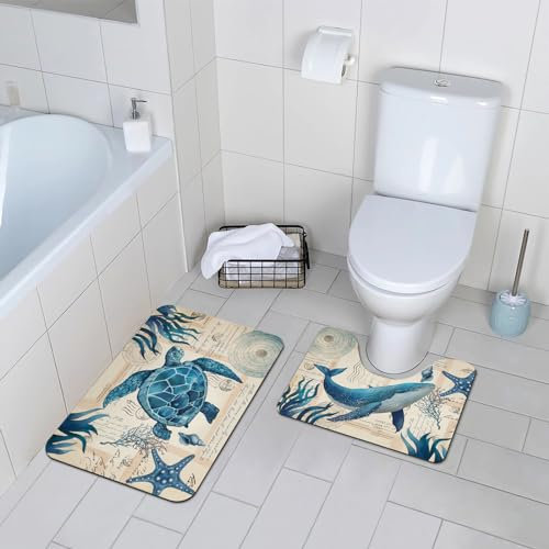 comfoyar Alfombrilla de Ducha, Alfombrilla Antideslizante y Secado Rápido Lavable, Alfombrilla para Bañera, Baño, Ducha, Cuarto de Lavado, 40 × 60 cm + 40 × 50 cm, Mundo Submarino