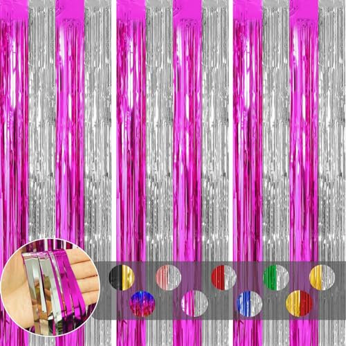3pcs Tinsel Curtain Hot Pink Silver Glitter Foil Door Curtain Party Backdrop,3.2ftx6.5ft Foil Fringe Curtain Party Streamers Shimmer Curtain Backdrop Decorations for Girls Birthday Hen Barbie Party