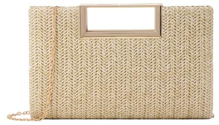 Ynport Crefreak Bolso de Mano de Paja Para Mujer, Hombro de Cena de Verano Con Cadena de Metal, Cuadrado Tejido Para Fiesta de Bodas, Albaricoque