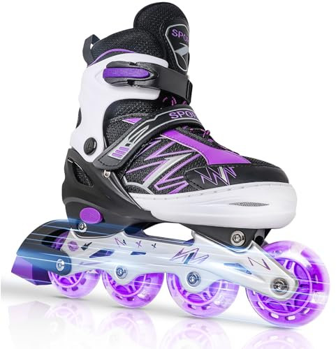 LOKJIJI Einstellbare Inline Skates für Kinder Mädchen Jungen Anfänger, Schwarz & Violett Inline Skates mit Light Up Räder für Kinder und Jugendliche für drinnen draußen Sport (Medium)