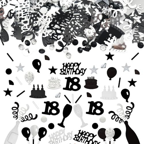 Konfetti 18 Geburtstag Deko, 18 Tischdeko Geburtstagdeko Confetti,Streudeko 18. Deko, Tischdeko 18 Geburtstags, Konfettiis Streudeko Geburtstages Schwarz und Silber Konfetties 18 Frauen Männer
