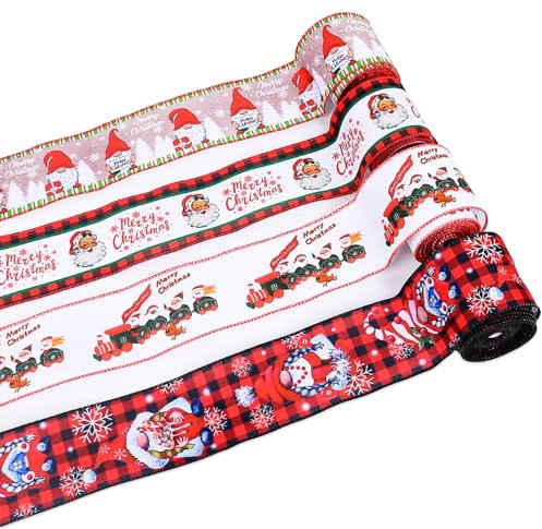 4er-Pack Weihnachtsband, Weihnachtsband mit Draht, Rollenset, Farbige Streifen, DIY-Band, Weihnachtsmann, Farbiges Schleifenband, Band mit Drahtkanten, für Geschenkverpackungen,