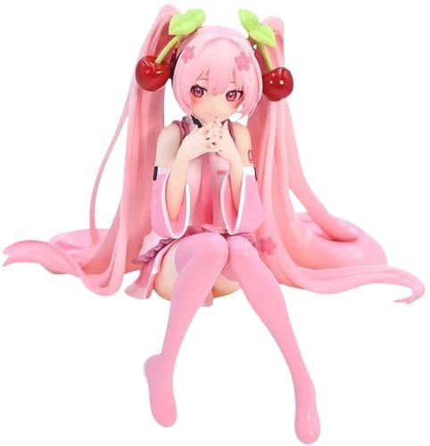 Luxetoys Kirsche Miku Anime-Figuren Rosa Charakterfigur mit Miniatur und Sitzhaltung 11 cm Modellstatue für Schreibtisch und Dekoration (Geöffnete Augen Miku)