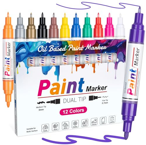 APOGO Dual Tip Paint Pens Paint Markers (0.7mm & 2-3mm), 12 Colors Permanent Paint Marker Pens Set, Oil Based Waterproof Paint Pen for Rocks Painting, Wood, Metal, Plastic, Canvas, Pumpkins