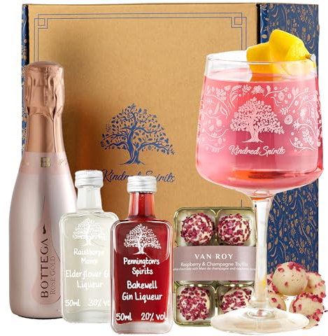 Premium Craft Gin & Prosecco Gift Set with Engraved Gin Glass & Champagne Chocolates - Great Birthday Gift - Gin Hamper for Her (Bottega Gold Rose Prosecco Gift Set)