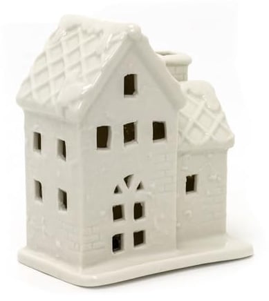 Carousel Home White Ceramic Christmas LED House Ornament with Diamond Roof | Light Up Christmas House Ornament Festive Decoration | Christmas Village Light Up House - 14cm