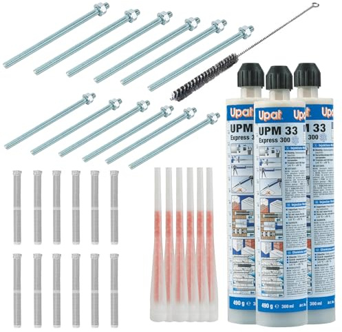 Schwerlast-Befestigungsset M12x205mm für Lochstein (12x Befestigungspunkte) | Für Terrassenüberdachungen, Markisen & Vordächer: inkl. verzinkter Gewindestangen, Bohrlochbürste, Verbundmörtel
