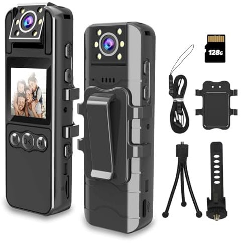 2K 128GB 1.4” Screen Body Camera with Audio and Auto Video Night Vision 1440P UHD Mini Police Wearable Body Worn Cam Portable Small Personal Camcorder Sport Action Outdoor Video Recorder (Black)