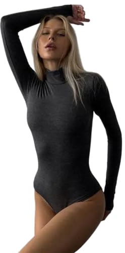 WNBHHDZT Solid Turtleneck Bodysuits Women Full Sleeve Top Lady Stretchy Sexy Bodycon,Grey,M