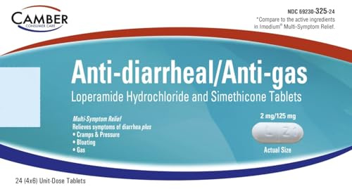 Camber Loperamide and Simethicone Multi-Symptom Tablets, Anti-Diarrheal and Anti-Gas, 24 Count