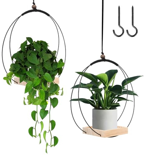 mumisuto Lot De 2 Pots Fleurs Suspendus, Suspension pour Plantes avec Base en Bois avec Crochet De Suspension, Support Pots Suspendu pour Fleur DéCoration Jardin, Balcon, Patio, FenêTre (Noir+Bois)