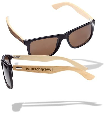 Personalisierte Sonnenbrille 'Bamboo' - Modische Brille im Blues-Stil mit Bambusbügeln und schwarzer PC-Fassung - Sonnenbrille für Herren & Damen mit UV-400 Schutz, Farbe:schwarz/braun