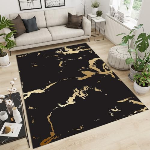 Moderner schwarzer goldener Marmor-Teppich, Plüsch, weiche Wohnzimmermatte, leicht zu reinigen, minimalistisches Graffiti-Design für Schlafzimmer, Bad, Spielzimmer - 160 x 200 cm