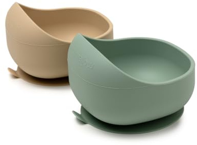 muchmellow - Set de 2 Bols en Silicone avec Ventouse Antichute MADE IN ITALY, Diversification, Sans Plastique, BPA Free, Made in Italy, Lavable au Lave-vaisselle (Beige + Vert)