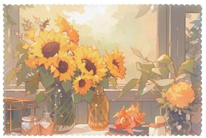 Sunflowers under the windowsill Non-Slip Heat-Resistant Table Runner Washable Placemats for Dinner Party Table Decoration