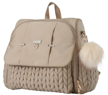 LUKJOJO Leila Wickelrucksack mit verstellbaren Schultergurten, Kinderwagen-Clips und Wickelauflage – Modebewusste & wasserdichte Wickeltasche (Beige)