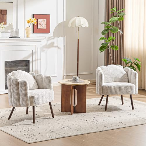 Ckaff Sessel Wohnzimmer mit Kissen, Gepolsterter Muschel Sessel mit Blütenblatt-Rückenlehne aus Bouclé, Schminktisch Stuhl Loungesessel mit Holzbeine fürs Wohnzimmer Schlafzimmer (Beige, 2 Stück)