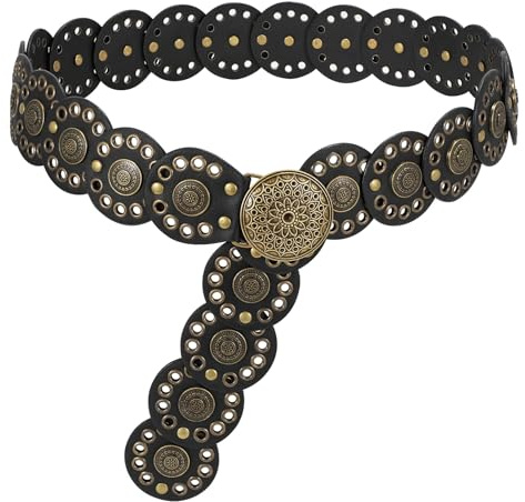 LEACOOKEY Women Wide Vintage Concho Leather Belt Western Disc Waist Belt Boho Disk Concho Style for Dress Jeans