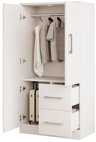 Cenbunsh Kleiderschrank 70 x 40 x 135 cm, Doppeltür-Design mit Schubladen und Staufächern, Kleiderschrank, Einzelkleiderschrank, weiß
