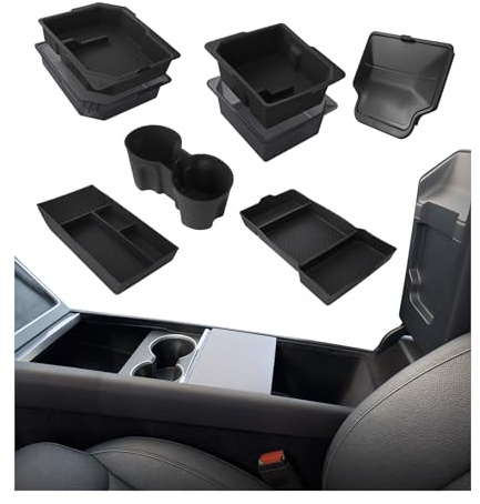 Organizzatore Consolle Centrale per Tesla Model Y/YL Juniper 2025–2026 Accessori di MMOBIEL – Set 6 Pz. Accessori – Organizer in ABS & Silicone, Vassoi, Portabicchieri, Scatola Bracciolo – Antiscivolo