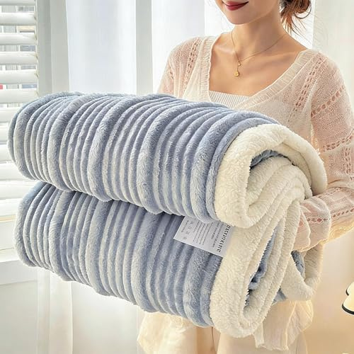 Kuscheldecke Flauschig Gestreifte 150x200cm – Beidseitige Flanell-Sherpa Decke für Sofa Couch, Ultraweiche Sofadecke Couchüberwurf, Warm & Pflegeleichte Wohndecke für Ganzjahresgebrauch, Blau