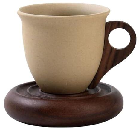 Qianly Service à Café en Céramique, Service à Thé, Service à Café avec Soucoupe en Bois pour Jus, Petit-déjeuner, pour Femmes et Hommes