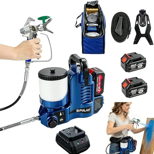 Kindevieft Pulverizador de Pintura Inalámbrico 550W, Pistola Airless Portátil 6 Velocidades, Depósito 1,2L y Manguera 1,8m, para Paredes, Techos, Muebles y Exterior Blue-TwoBatteries