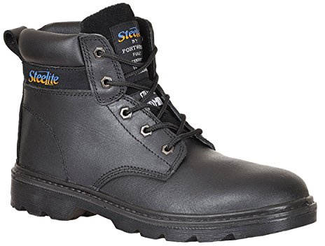 Portwest FW11 Steel Leather Ankle Boot Water Resistant Upper Padded Collar | Black, 9, S3 EN ISO 20345, Anti-Static Footwear, Back Pull-Tab, Dual Density, Lace-Up Fastening, Energy Absorption Outsole