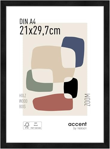 accent by nielsen Holz Bilderrahmen Zoom, 21 x 29,7 cm (A4), Schwarz | Holz Dokumentenrahmen im Hoch- & Querformat zum Aufhängen Schwarz matt Echtglas