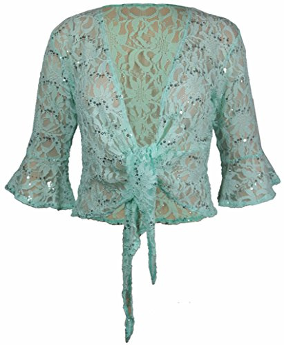 New Womens Floral Lace 3/4 Three Quarter Short Sleeve Ladies Front Tie Up Sequin Shrug Bolero Stretch Cropped Top Cardigan Plus Size Light Green Size 12-14