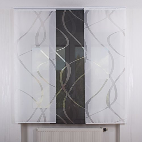 3er Set Schiebegardine Flächenvorhang inkl. Zubehör (in versch. Längen) Tamina-Teresa II, Farbe:weiß-grau, Vorhanglänge:165 cm, Farbe Paneelwagen:Weiß
