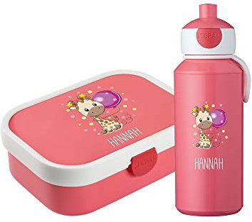 4youDesign Set: pinke Brotdose und Trinkflasche für Kinder -GIRAFFE- personalisiert mit Namen – inkl. Bento Box, Gabel & Pop-Up Flasche, Einschulung, Schule (Cool Pink)