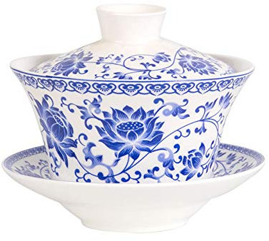 Liang baobao Traditionelles Gaiwan-Teeservice mit Deckel und Untertasse, blaues Lotus-Design, Teetasse, Blume, Porzellan, 284 ml