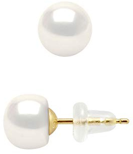 PEARLS & COLORS - Boucles d'Oreilles Véritables Perles de Culture d'Eau Douce Boutons - Blanc Naturel - Qualité AAA+ - Or Jaune - Système Poussette Sécurité - Bijou Femme