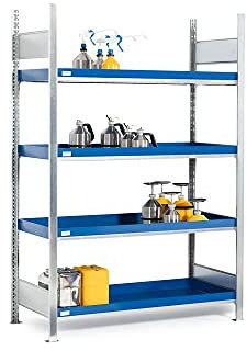 DENIOS® Profi Schwerlastregal I Regal für Gefahrstoffe Made in Germany I Lagerregal inkl. 4 Wannen I 1360 mm x 2000 mm x 437 mm, Silber/blau, auch zur Lagerung von Kleingebinde, 4 Ebenen