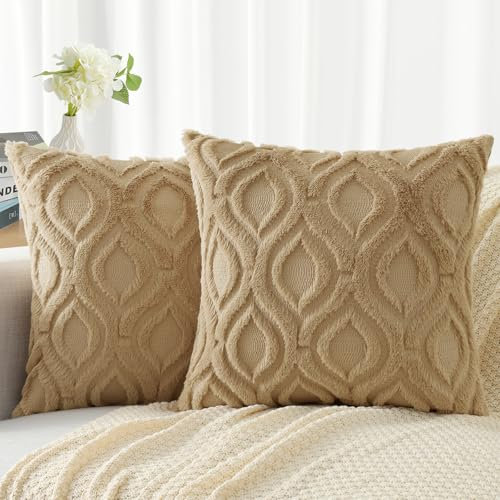decorUhome 2er Set Kunstfell Kissenbezüge 65x65cm, Dekorativer Weicher Plüsch Flauschiger Samt Kissenbezug 26X26 Zoll, Quadratische Boho Neutral Kissenbezug für Sofa, Taupe