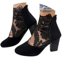 ORANDESIGNE Stivali da Donna in Tulle Vuoto Ricamato Stivaletti con Tacco Largo Stivali Corti Elegante Stivali Estivi in Pizzo Floreale con Giunzione con Cerniera