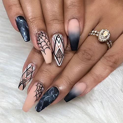 Sethexy Halloween Ballerina Press on Nail Black Coffin False Nail Aesthetic Fake Nails 24Pcs Acrylic Stick on Nails for Women and Girls