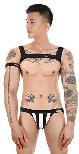 JOCKLAND Herren Jock Strap Set mit Body Brustgeschirr Elastischer Bund Sexy Unterwäsche Halfter Gürtel für Männer, Schwarz und Weiß, XL